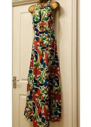 Оригинальное длинное платье в принт тропикал , попугаи и орхидеи