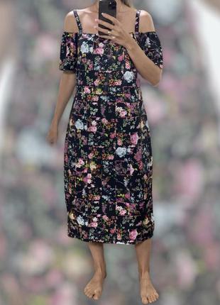 Платье сарафан миди в цветочный принт с открытыми плечами