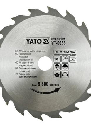 Пильный диск по дереву, YATO Ø=160 мм, посадка 20, толщина 2 м...