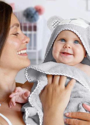Детское полотенце с капюшоном - полотенце уголок - серый мишка