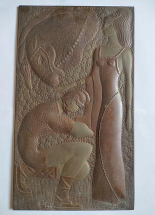 Картина "Конь, девушка и богатырь" чеканка по металлу панно