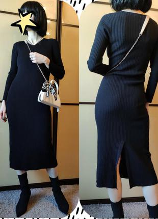 ❤ облегающее платье  длины миди черное шерсть 🐑 55% чулок в ру...