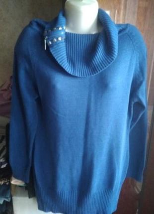 Классный длинный синий х/б свитер, размера плюс сайз, укр 52-54