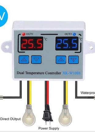 Цифровой терморегулятор XK-W1088 двойной 12V 10A датчиком темп...
