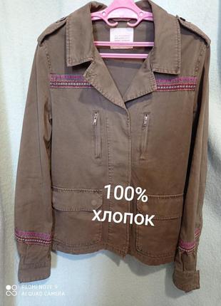 Хлопковая bershka оригинал стильная куртка хаки с вышивкой нат...