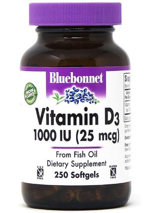 Витамин D3 1000IU, Bluebonnet Nutrition, 250 желатиновых капсул