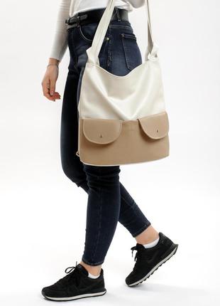 Новинка стильный женский бежевый рюкзак-трансформер сумка (шопер)