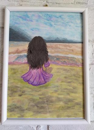 Картина акварелью "девушка и горы"