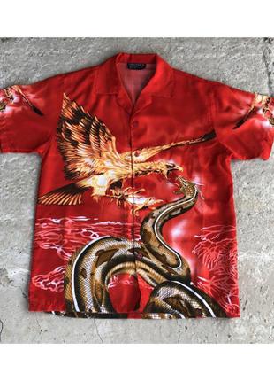 Красная яркая оверсайз рубашка с огнем змеей драковом орлом ун...