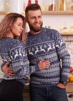 Парные модные свитера с рождественскими оленями цвета: джинс, ...