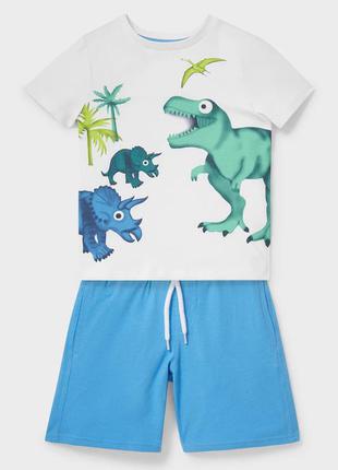 Комплект - футболка с принтом динозавров и шорты - натуральный...