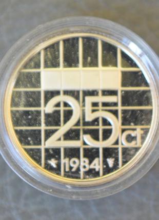 Монета 25 центов. 1984 год, Нидерланды. (капсула) ПРУФ