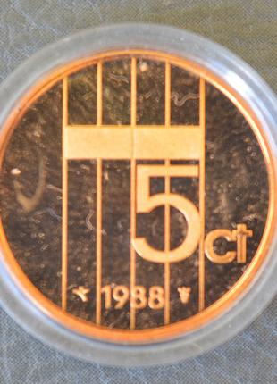 Монета 5 центов. 1988 год, Нидерланды. (капсула) ПРУФ