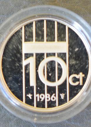 Монета 10 центов. 1986 год, Нидерланды. (капсула) ПРУФ