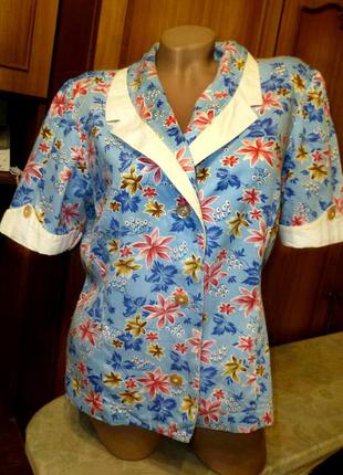Винтажная натуральная летняя блузка кофточка в цветах с белым ...