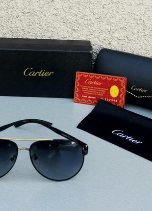 Cartier очки капли мужские солнцезащитные черные с золотом пол...