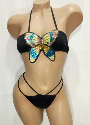 Комплект женского эротического нижнего белья  бабочкой в пайетки