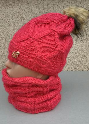 Комплект женский шапка и шарф - баф вязаный коралловый теплый