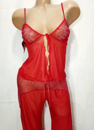 Женский домашний комплектик пижама пеньюар и штанишки красный р м