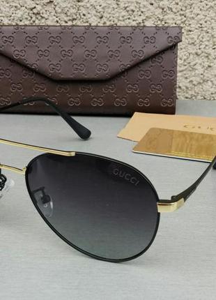 Gucci очки капли мужские солнцезащитные черные с золотыми вста...