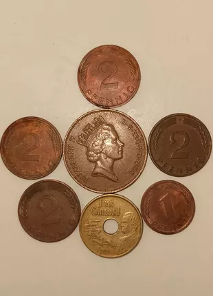Коллекция Монет 2 пенса 1988, 25 песет 1991, pfenning