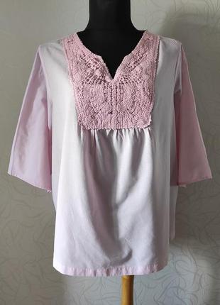 Натуральная летняя нежно-розовая блузка с кружевом большого ра...