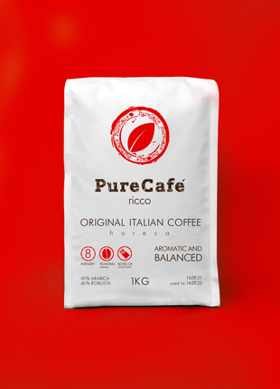 Кофе PureCafe Ricco, зерно, 60% Арабики/40% Робусты, Италия, 1кг