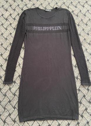 Чёрное трикотажное хлопковое платье с сеткой philipp  plein