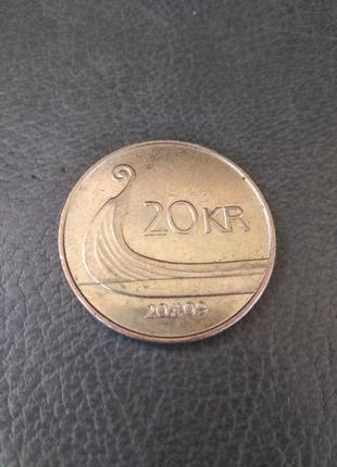 Ладья викингов. Монета 20 крон. 2007 год, Норвегия. (БД)