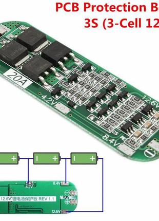 Контроллер заряда BMS 3S 20A 12.6V 58x20x1.0 (балансир) Li-Ion...